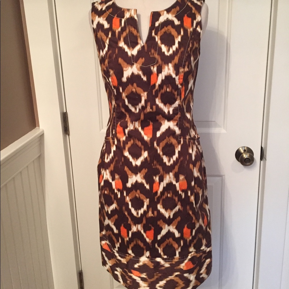 ETCETERA DRESS SLEEVELESS SHEATH BROWN WHITE TRIBAL PRINT Size 2